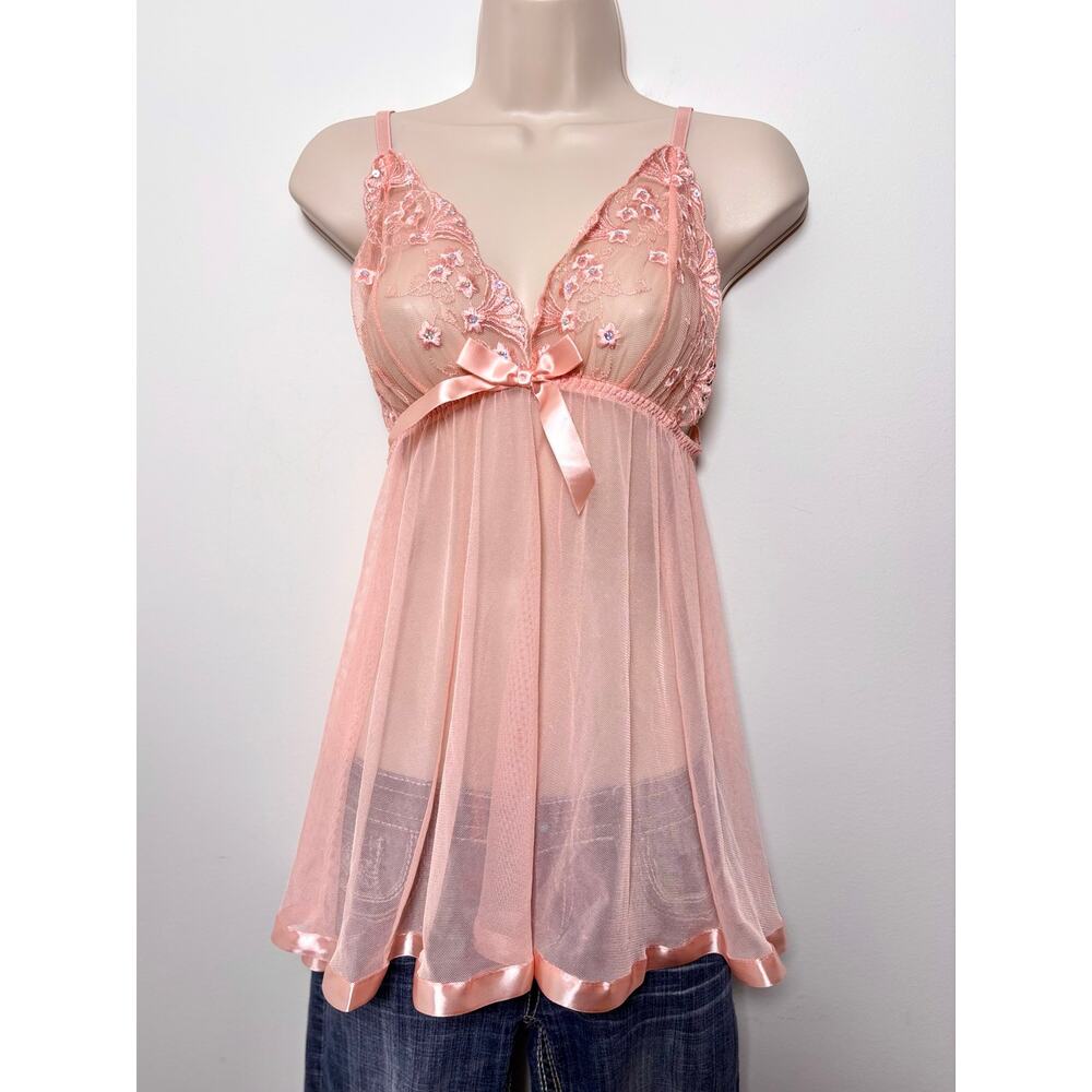Vtg Y2K Allover Sheer Coral Pink Babydoll Lingerie Slip Top Bedazzled Bodice